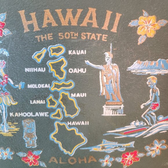 Hawaii 50th State Vintage Serving Tray Aloha D Large Green Tilso Fiberglass - Picture 3 of 10
